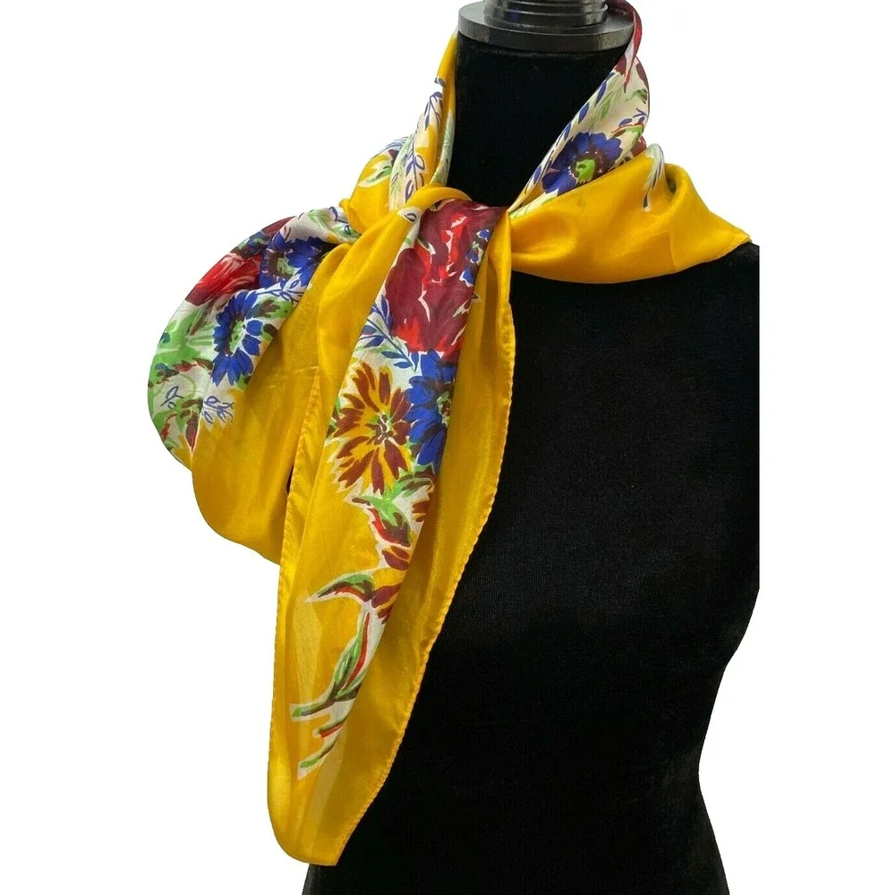 Pure‎ Silk Womens Square Scarf Hand Rolled Gold Hand Screen Printed Floral Silk